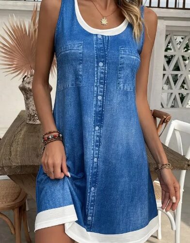 Vestido playero informal sin mangas para mujer con diseño de bloques