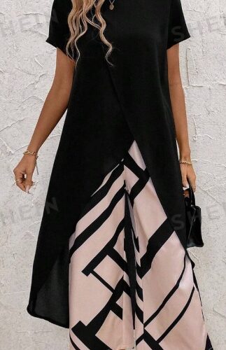 Conjunto de dos piezas de top de manga corta con dobladillo asimétrico de color liso y pantalón largo con estampado integral