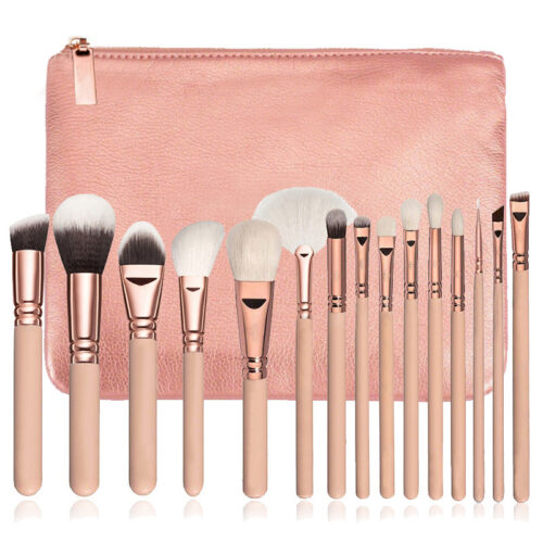 Juego de 15 brochas de maquillaje con estuche, color oro rosa, multifunción.
