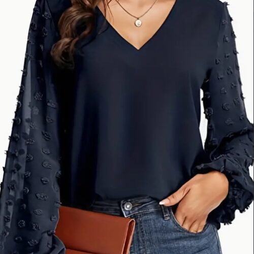 Camisa de lunares suizos con cuello en V, suave, transpirable